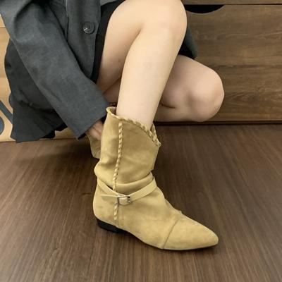 Модные ботильоны с острым носком женские 2025 осень и зима новые на плоской подошве на среднем каблуке удобные и универсальные женские короткие ботинки