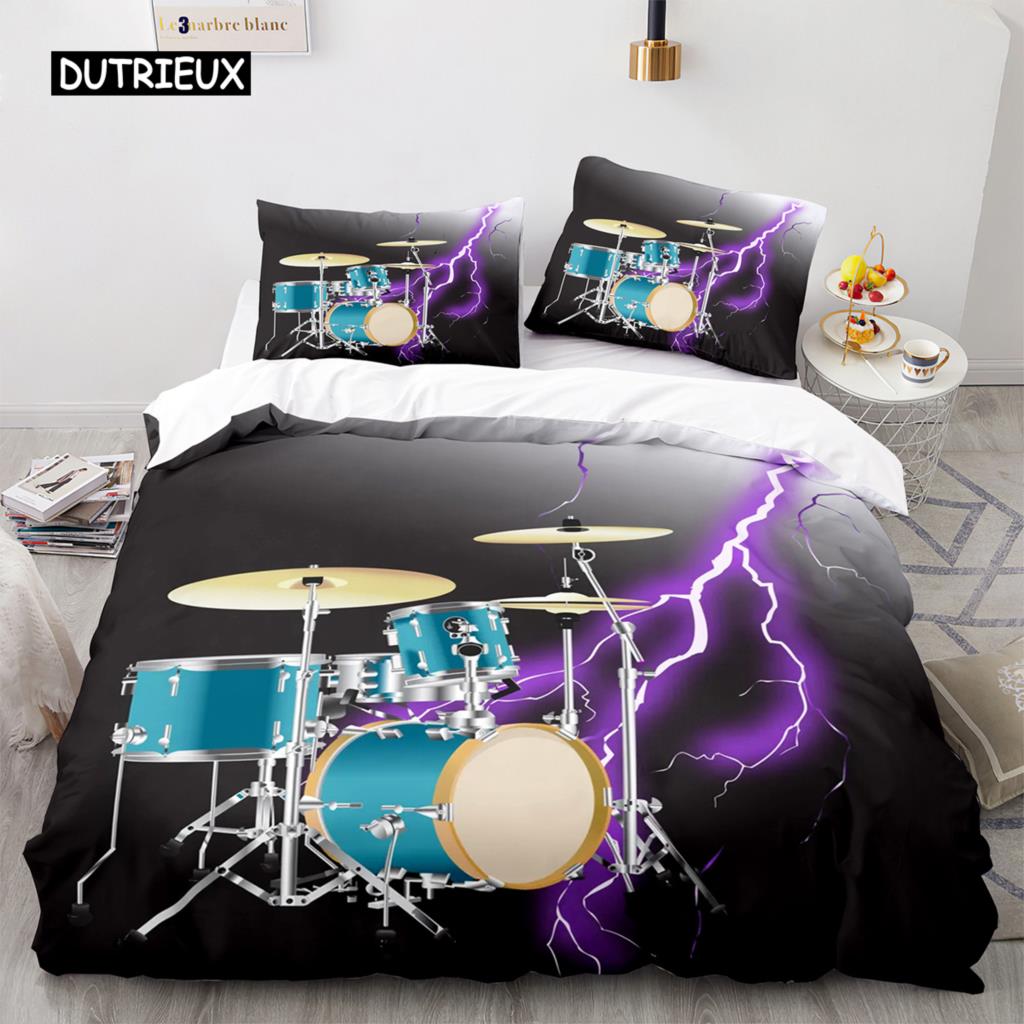 Drum Kit Duvet Cover Set Classical Music Comforter Cover Musical Instrument Lightning Pattern Quilt Cover for Kids Boys Teens