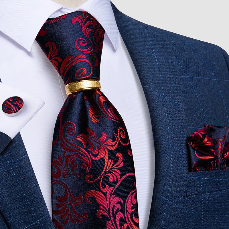 Mens Ties Set with Ring Special Design Business Silk Tie Handkerchief Cufflinks Set for Formal Party