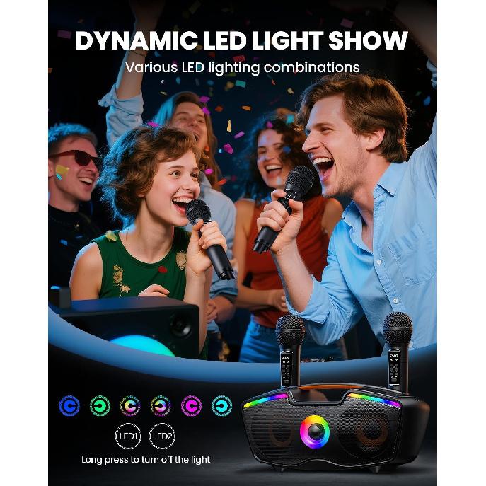 Bluetooth караоке-машина для взрослых и детей, 80 Вт портативная колонка с 2 беспроводными микрофонами, регулировка эха, поддержка USB/AUX/TF-карты
