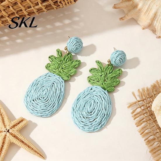 Three-dimensional Pineapple Earrings 1 Pair Handmade Raffia for Women, Boho Straw Hand-Woven Summer Beach Skirt Jewelry Dangle Earrings, Natural