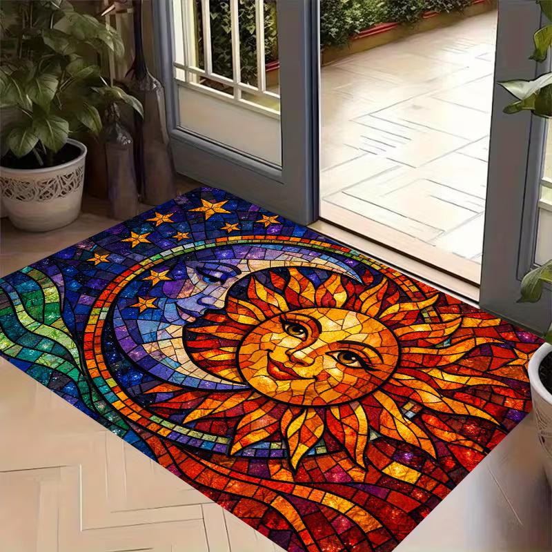 1pc, 2D Flat Printing, Colorful Stained Glass Style Sun And Co-Existing Entrance Mat, Colorful Non-Slip, Machine Washable Polyester Carpet, Suitable f