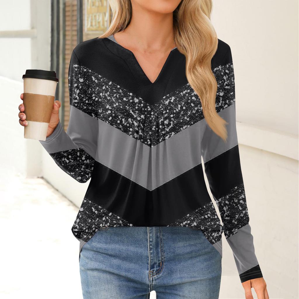 Women's Fashion Casual Long Sleeve Shirt Color Stripes Printed V Neck Up Tops