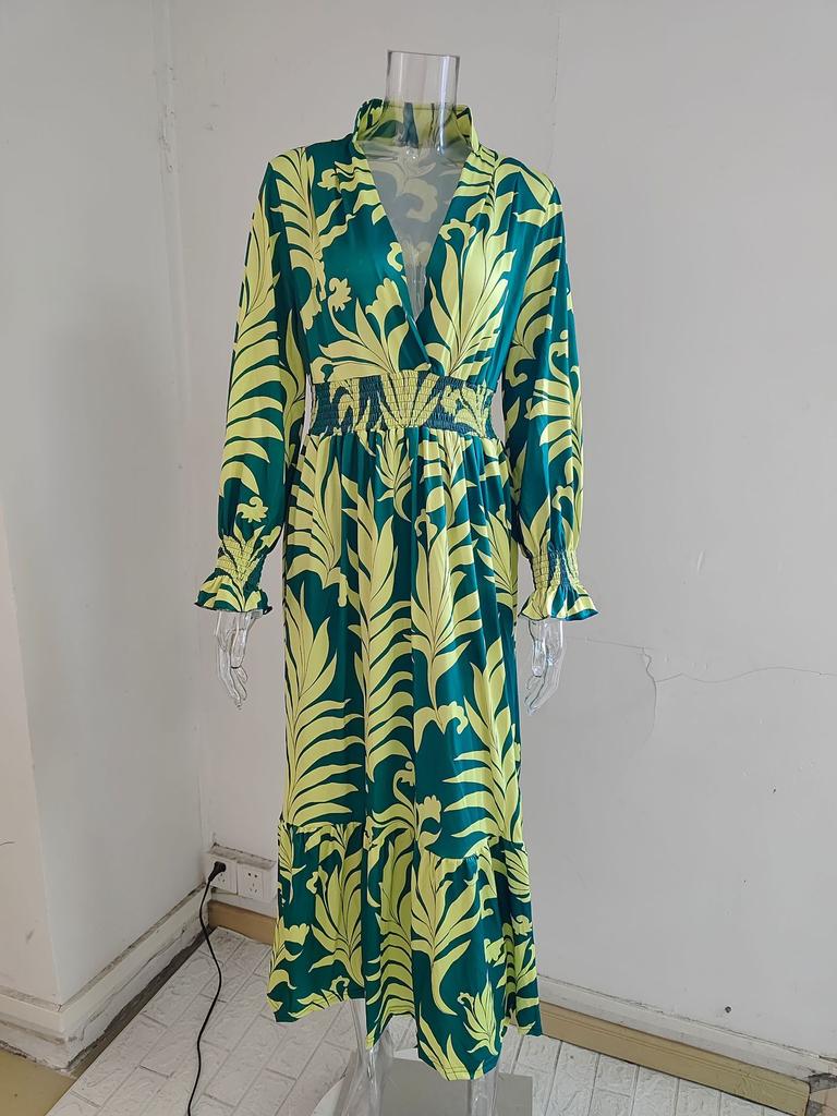 Женское длинное платье с V-образным вырезом и длинным рукавом в стиле бохо с принтом больших размеров