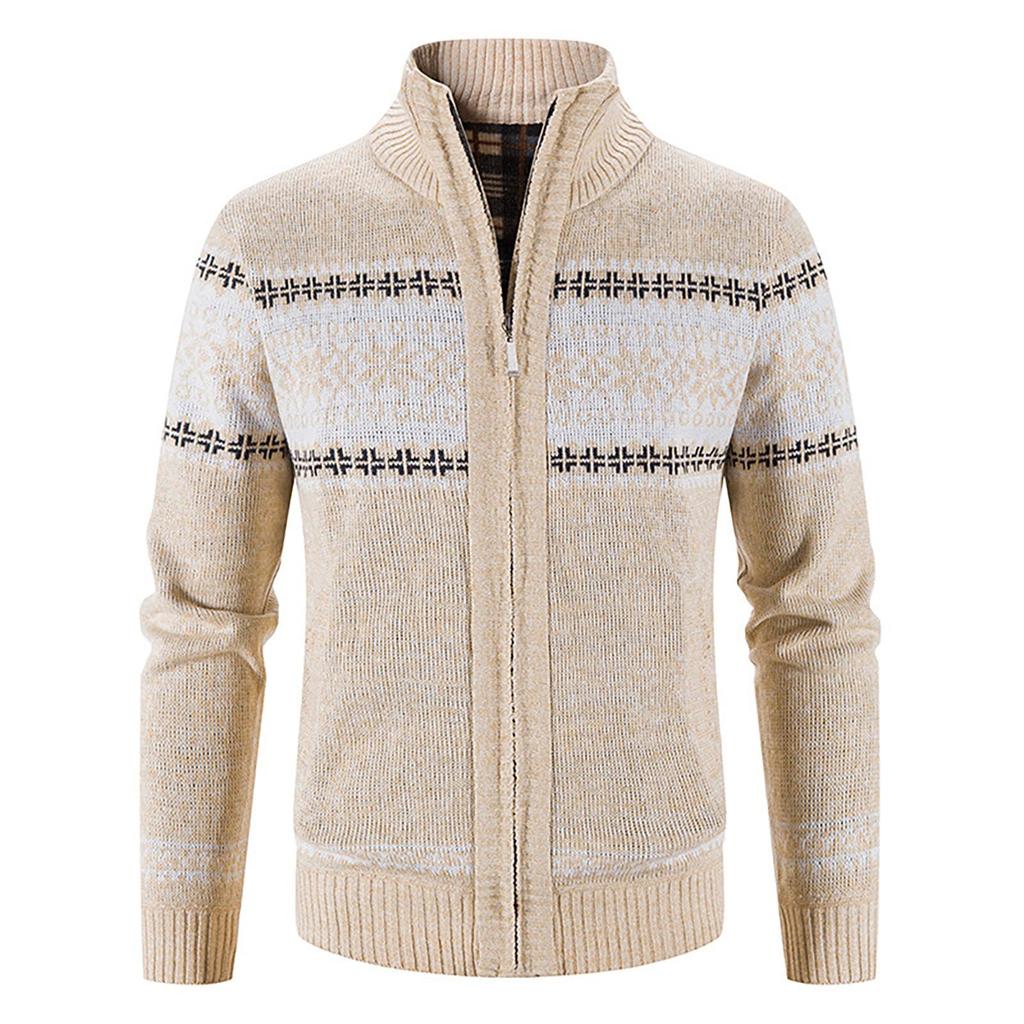 Men's Casual Autumn Winter Zipper Sweater Stand Collar Printed Cardigan Tops Sweater Blouse Coat