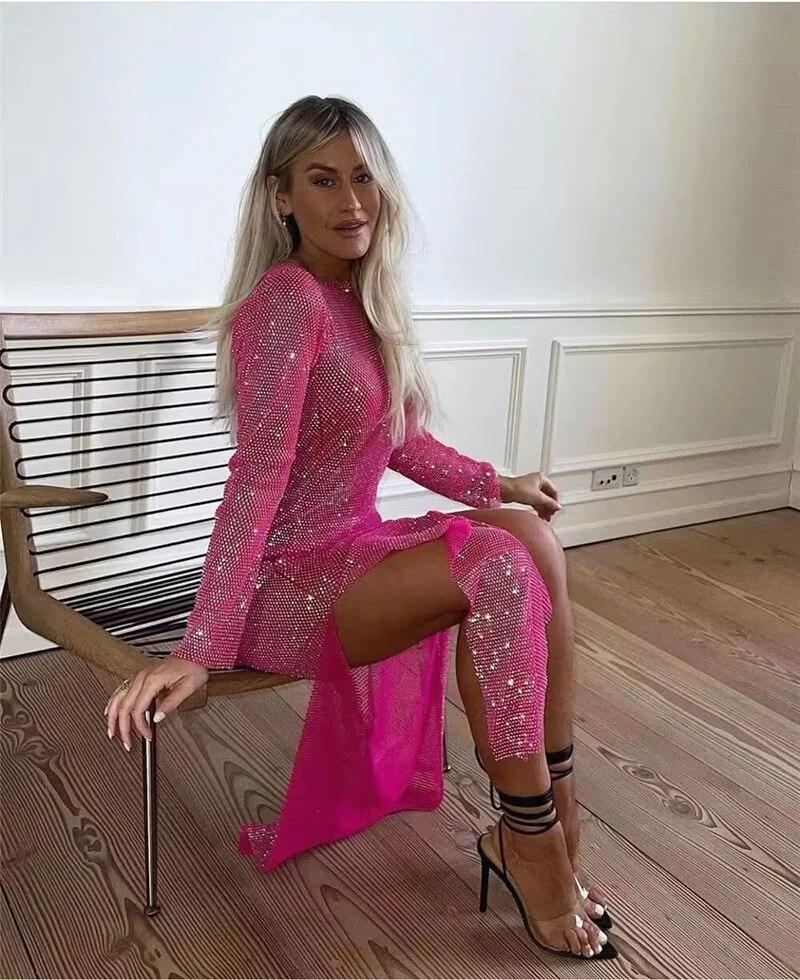 Пользовательские Кристалл Горный Хрусталь Блестящий Дизайнер Сексуальная Рыбалка Сетка Полый Боковой Разрез Платье Пакет Бедра Длинное Платье Сексуальный Наряд S3503