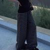 Women's Thick Wool Striped Pants - Cozy Knit Casual, Black Gray Floor-Length for Autumn/Winter.