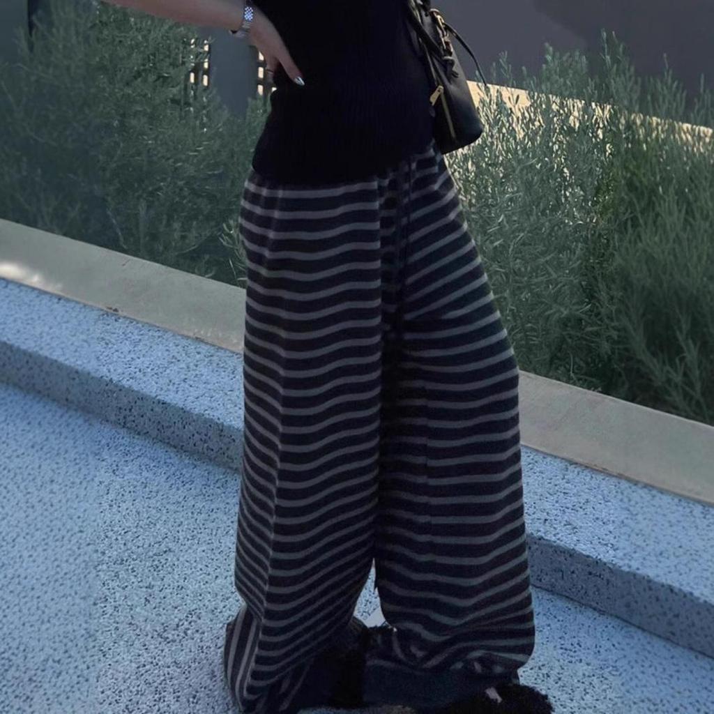 Women's Thick Wool Striped Pants - Cozy Knit Casual, Black Gray Floor-Length for Autumn/Winter.