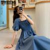 Summer Dresses Retro French Knee-length Dresses Waist-skimming Square Neck Bubble Sleeve Dress