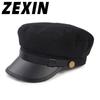 ZEXIN Hat Spring and Fall Seals Flat Top Hat Versatile British Retro Captain Duck Tongue Cap PU Leather Brim Cap