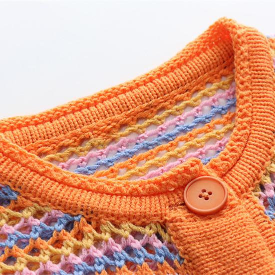 Women Knitting Cardigan Round Neck Flared Long Sleeve Single Breasted Sweater Coat Autumn Winter Rainbow