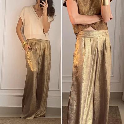 Женские длинные эластичные повседневные брюки с высокой талией, широкие брюки металлического цвета, офисные брюки для работы и отдыха