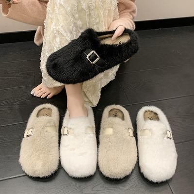 Премиальные норковые тапочки на толстой подошве для женщин, для ношения осенью и зимой 2025 года, новые пушистые туфли с закрытым носком, хлопковые тапочки