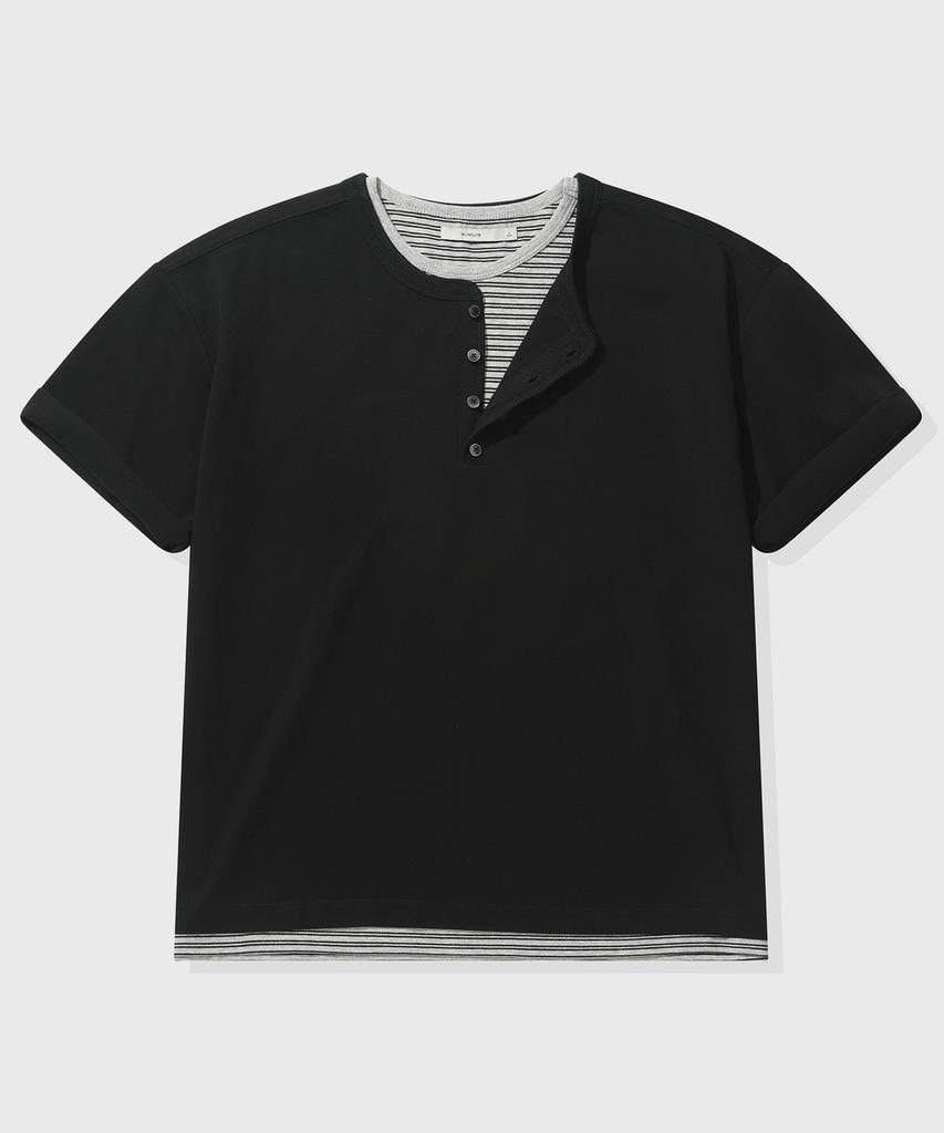 KIIMUIR [Укороченный] Полосатая многослойная футболка-henley с коротким рукавом_Черный