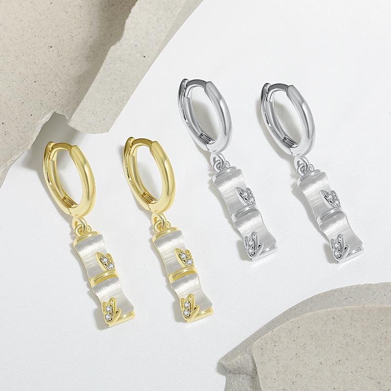 Golden Opal Anti-allergic Bamboo Earrings, Guochao Retro Gradually Rising High-end Long Bamboo Earrings