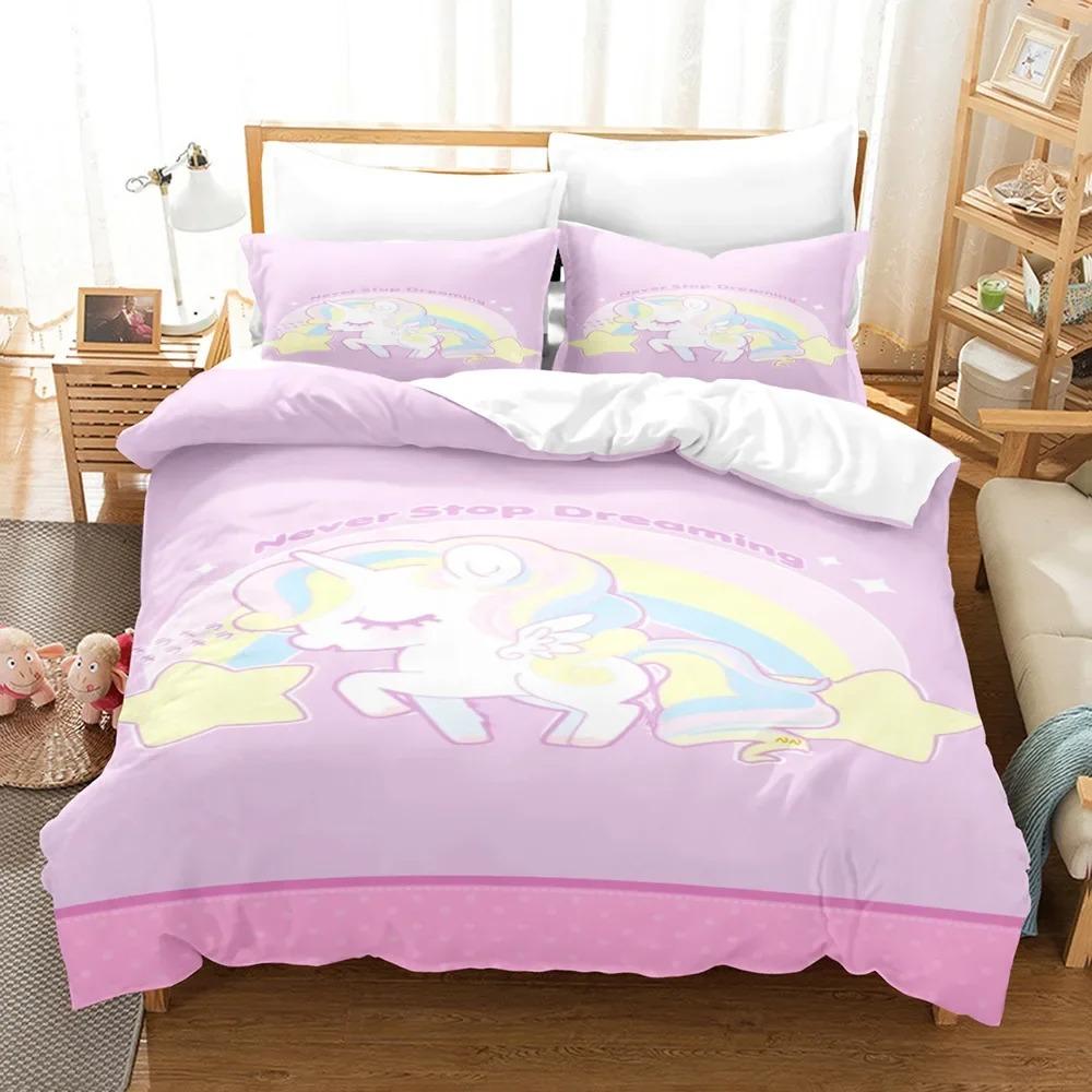 Комплект постельного белья с рисунком единорога из мультфильма King Queen Size, милый розовый, синий, сказочные животные, комплект постельного белья из полиэстера для девочек и детей