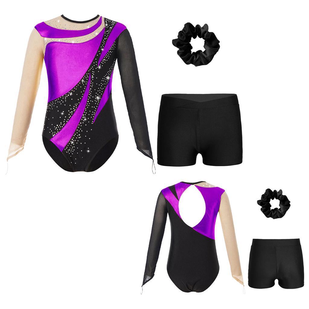 Kids Girls Metallic Long Sleeve Gymnastics Leotard with Shorts Hair Scrunchie Dance Unitard Biketards Dancewear