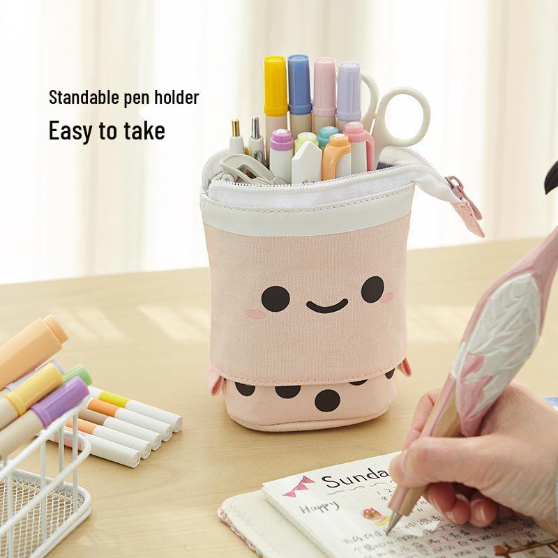 Polka Dot Milk Tea Pull-down Pencil Case with Heart and Smiley Face Design, Multifunctional Stationery Holder