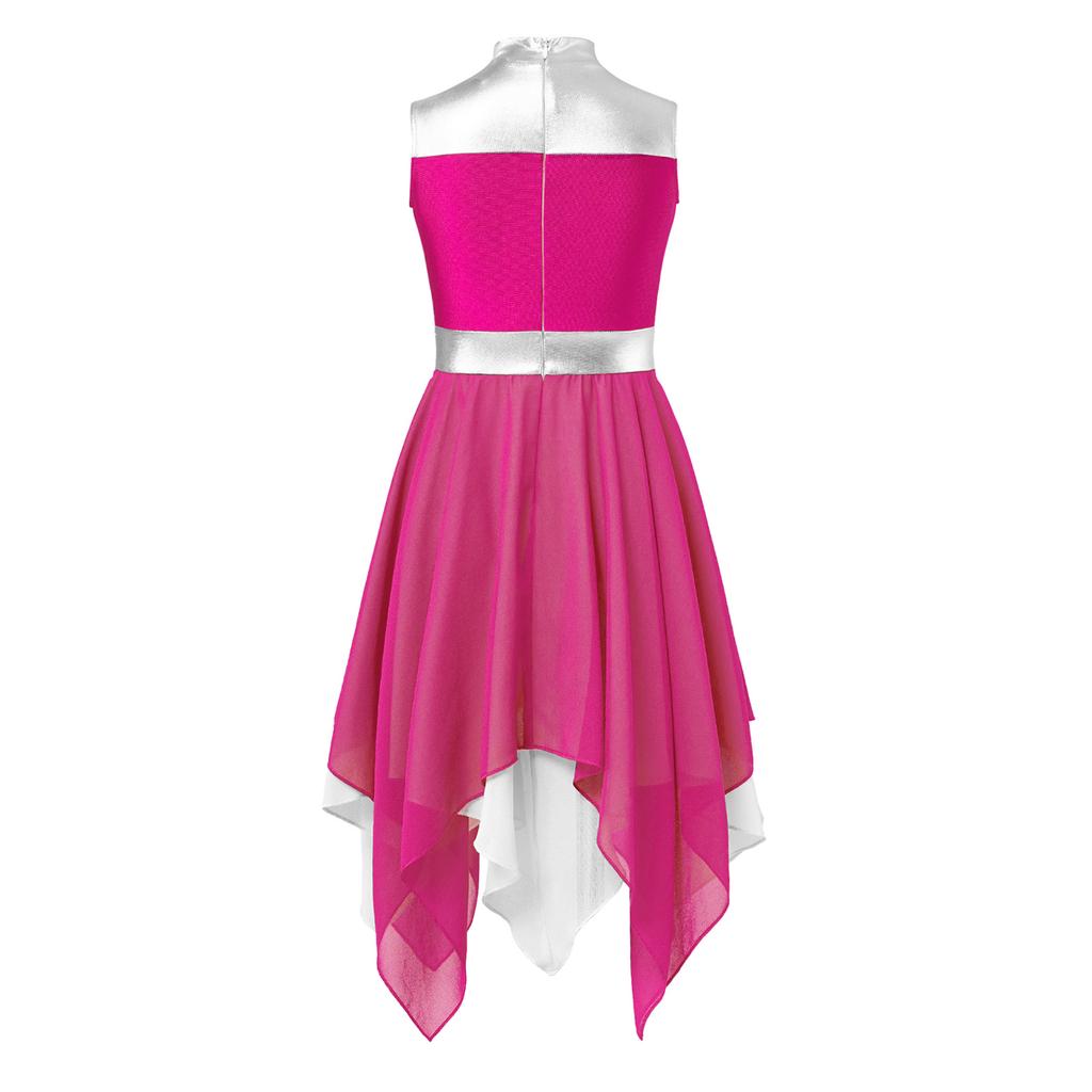 Girls Worship Dance Dress Sleeveless Chiffon Hem Contrast Design Cross Print Praise Lyrical Performance Costume