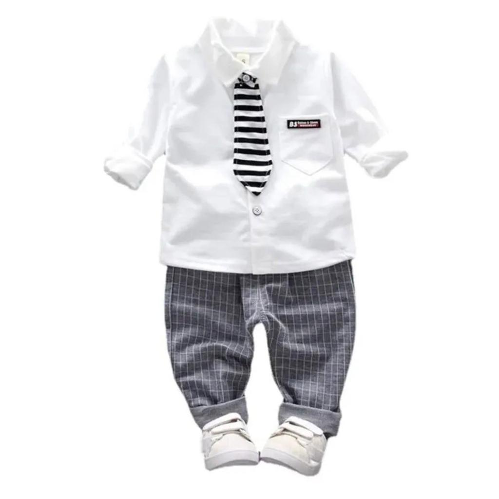 Детская одежда для мальчиков, комплект однотонной рубашки с длинными рукавами для джентльмена, повседневный комплект с длинным галстуком