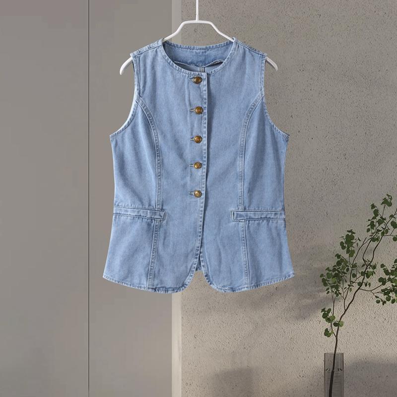 Fashion Button Denim Vest Women's Round Neck Sleeveless Solid Color Jacket Temperament Casual Vest Commute Harajuku Style Spring and Summer New