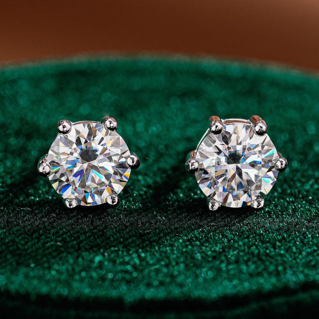 925 Silver Round Moissanite Stud Earrings for Women Men, Classic Six Prong Solitaire Moissanite Ear Studs