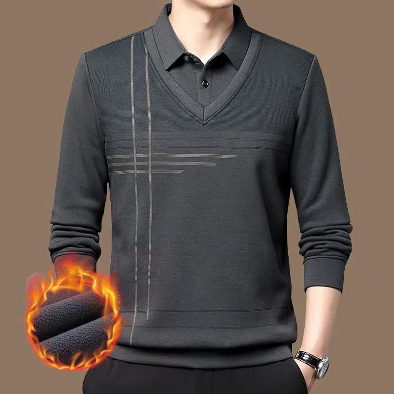Зимние поло с отложным воротником, имитация двойки, плюс флис, утолщенные, повседневные, из чистого хлопка, пэчворк, контрастные по цвету топы