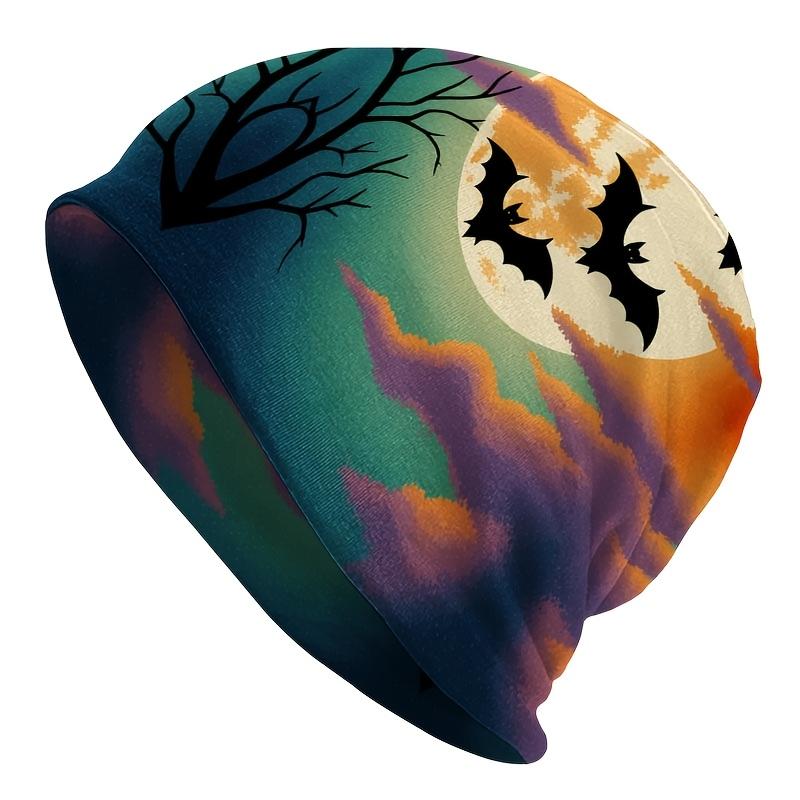 1 Men's Street Style Moonlit Night Themed Knit Hat - Vintage Bat and Tree Shadow Pattern, Durable Knit Fabric, Comfortable Elastic Fit, Casual Outdoor