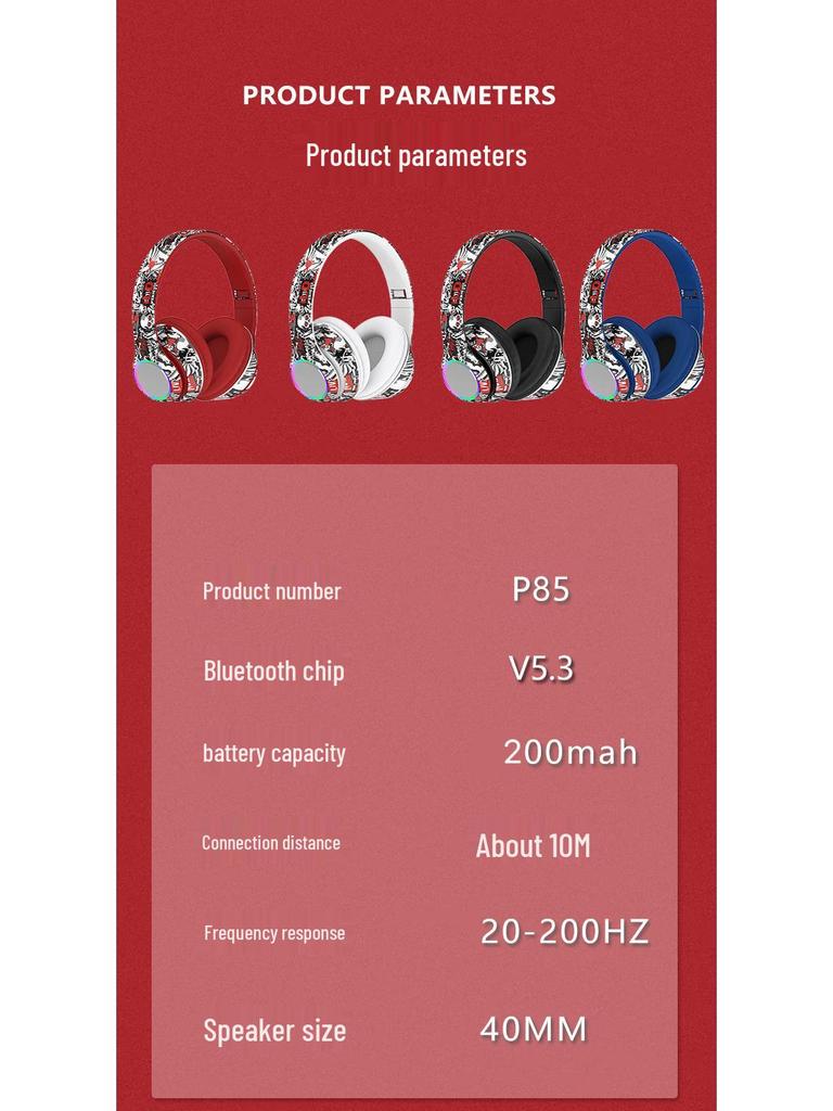 Беспроводные накладные Bluetooth-наушники P85: Яркий дизайн граффити, Крутой светящийся RGB, Глубокие басы, Складные.