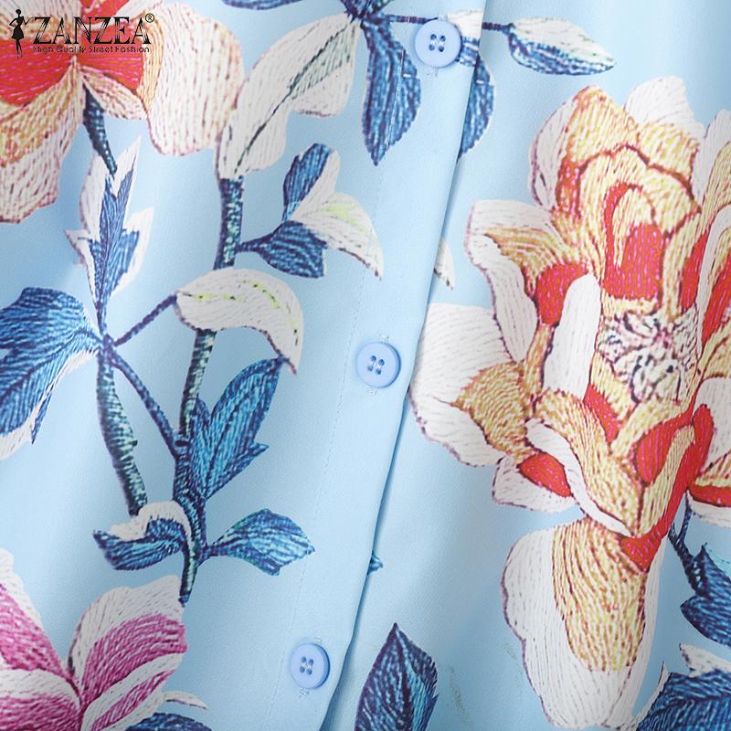 ZANZEA Women Stand Collar Loose Casual 3/4 Sleeve Floral Blouse
