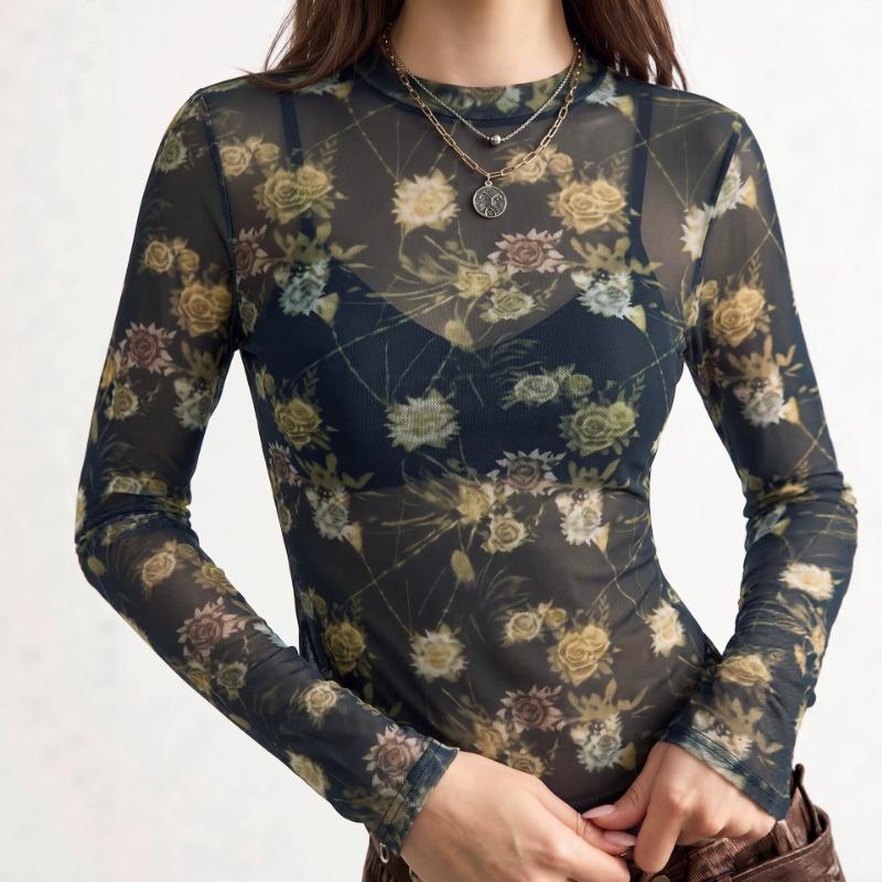 Fitted Vintage Mesh Print Round Neck Long Sleeve T Shirt