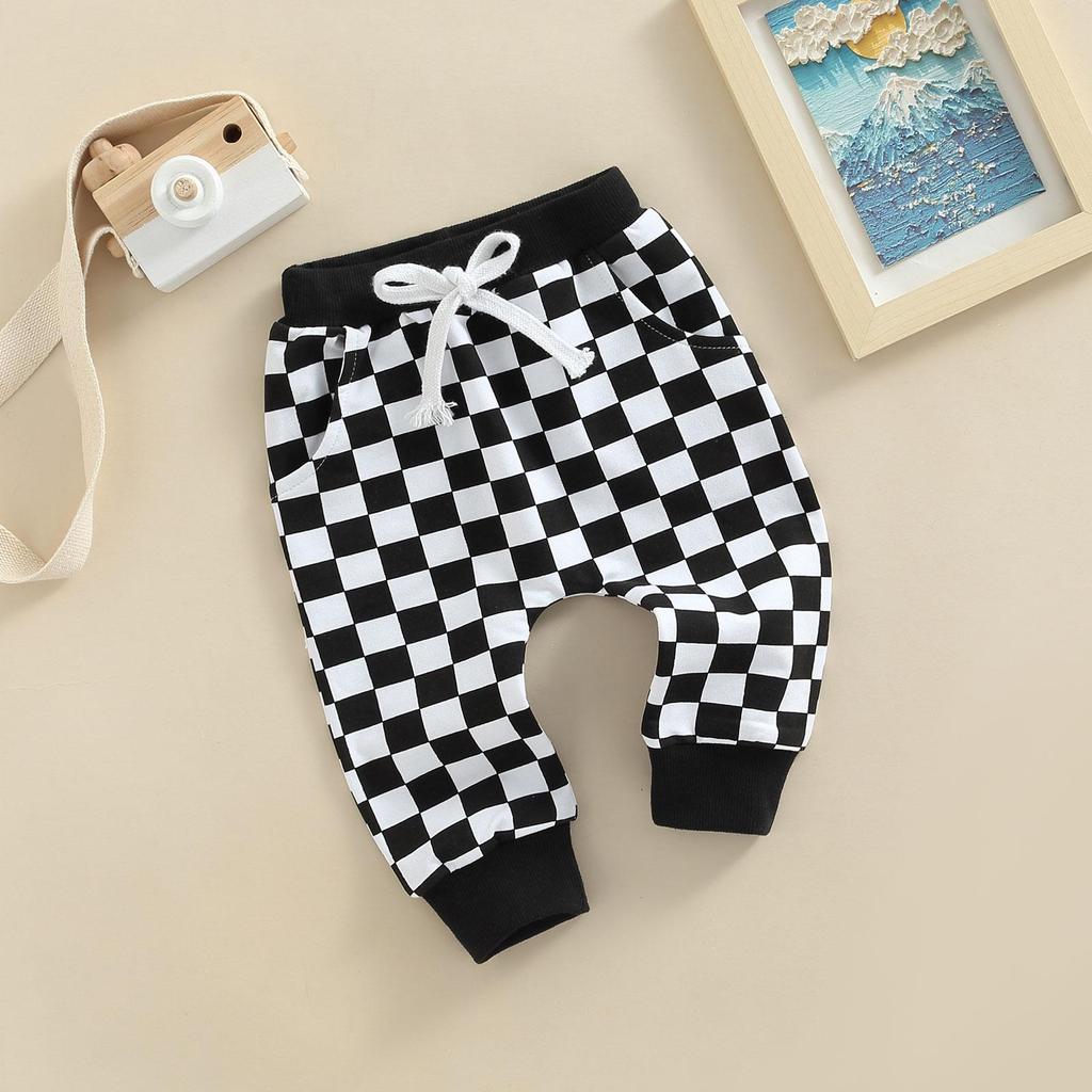 Toddlers Casual Long Pants 6M 12M 18M 24M 3Y Fashion Checkerboard Printed Tie-up Mid-waist Trousers with Pockets