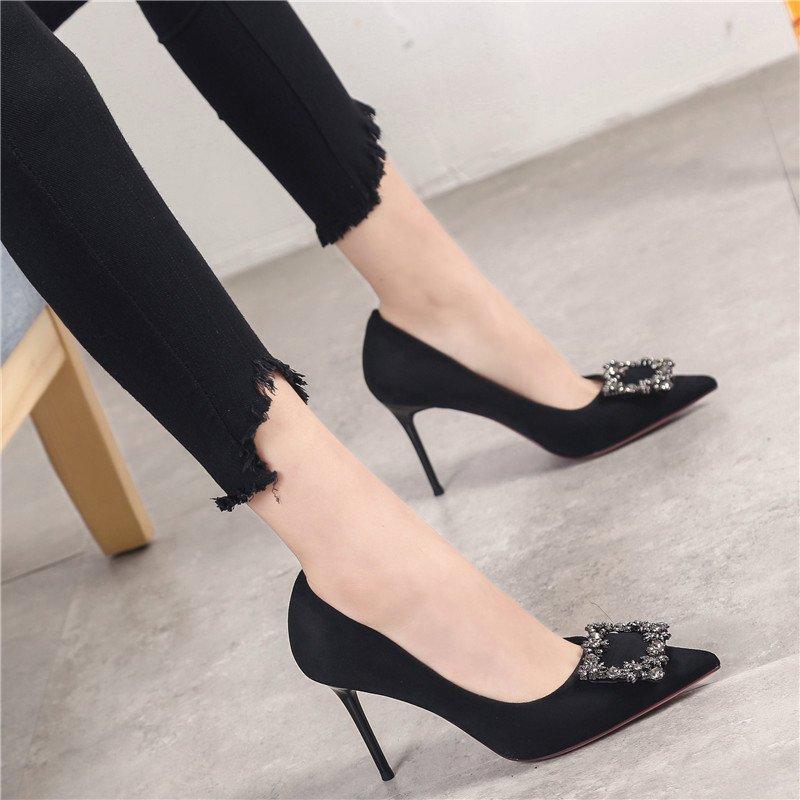 Sexy Black Women High Heels Shoes 2024 Square Rhinestone Stiletto Pointed Toe Office Shoes Female Korean Wedding Dress Shoes