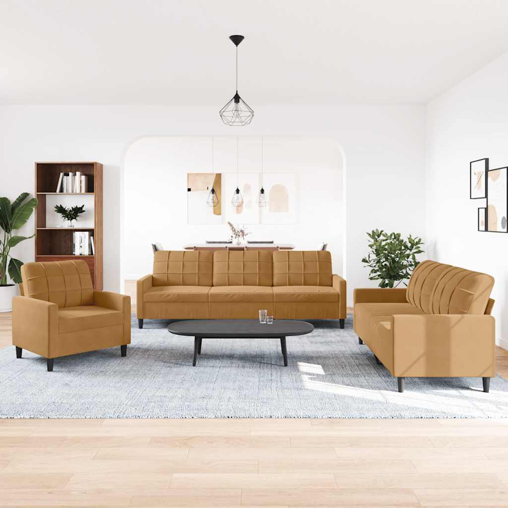 3 Piece Sofa Set with Cushions Brown Velvet