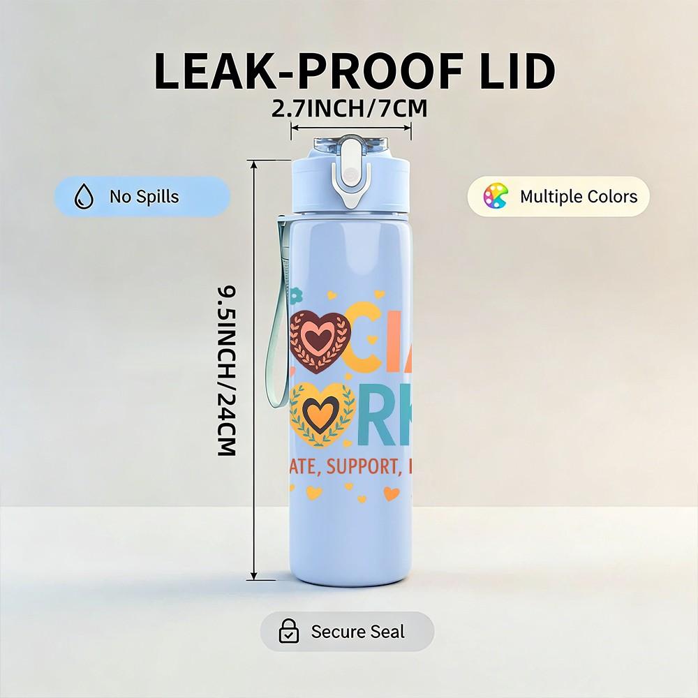 1PC Social Worker Heart Color Letter 750ml Color Plastic Sports Water Bottle Leakproof Flip Straw Lid Suitable for Sports Office Home Use