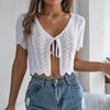 Women Crochet Tops Short Sleeve Lace-up Hollow Design Knitting Tops Sun Protection Summer Vacation Tops