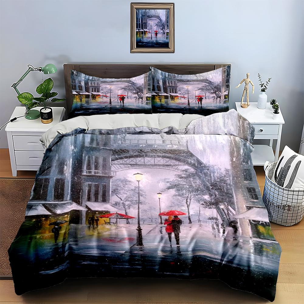 Romantic rainy street Bedding Duvet cover sets Duvet covers Pillowcases gifts (1 * Duvet Cover 2 * Pillowcases, without duvet insert)