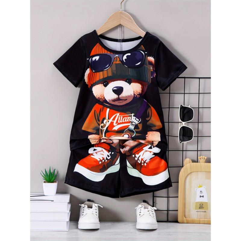 Комплект из 2 предметов: мужская футболка с коротким рукавом и шорты на шнурке с принтом мультяшного медведя, летний повседневный топ, мужские пляжные брюки для спорта на открытом воздухе