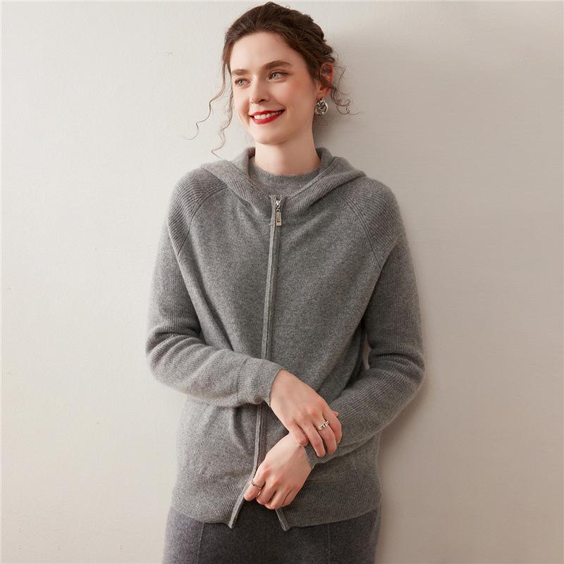Women's Thickened Double Zipper Cashmere Cardigan - Solid Color, Loose Fit, Slimming Knit Hoodie for Autumn and Winter.