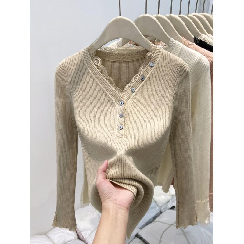 Textured button-neck lace knitted sweater women's autumn and winter slim-fit inner long-sleeved premium versatile bottoming top