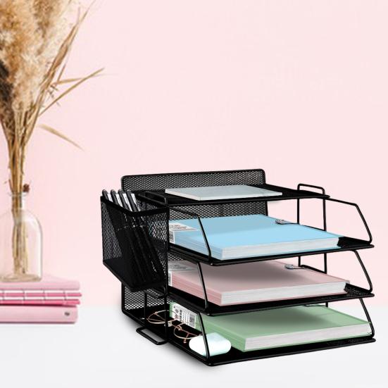 4-х уровневая офисная стойка для хранения с держателем для ручек, металлическая сетка, настольный органайзер, подставка для файлов, папка