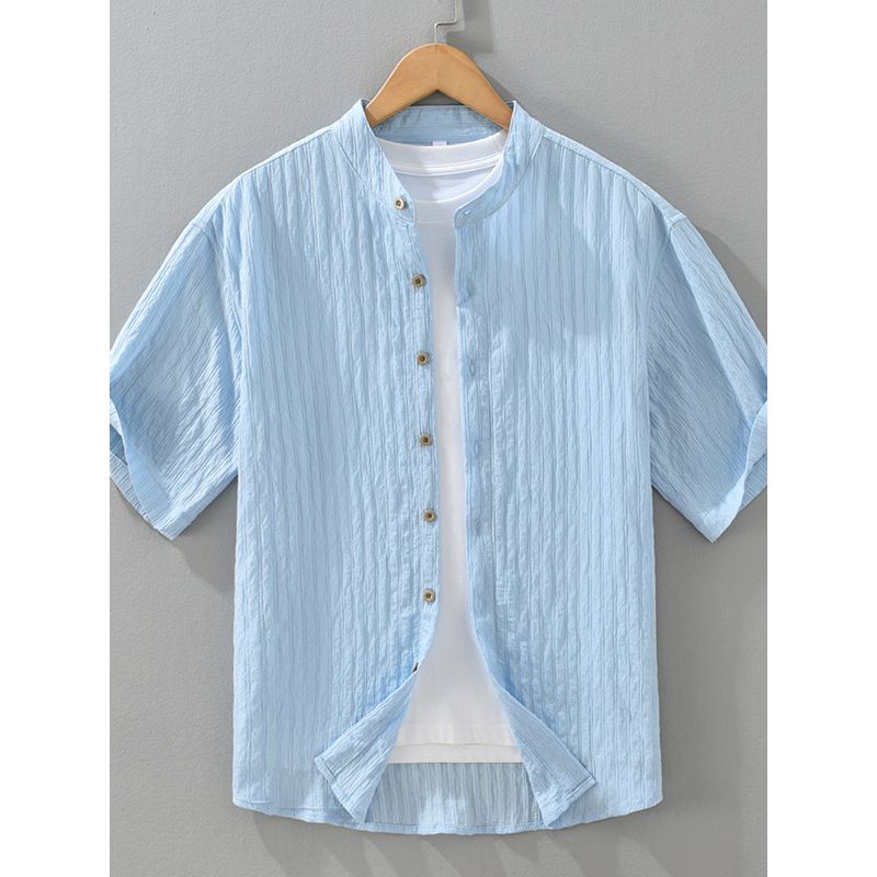 Foreign Trade Surplus Japanese-Style Casual Comfortable Thin Short-Sleeve Shirt for Men, Loose Trendy Chinese Style Stand Collar White Shirt