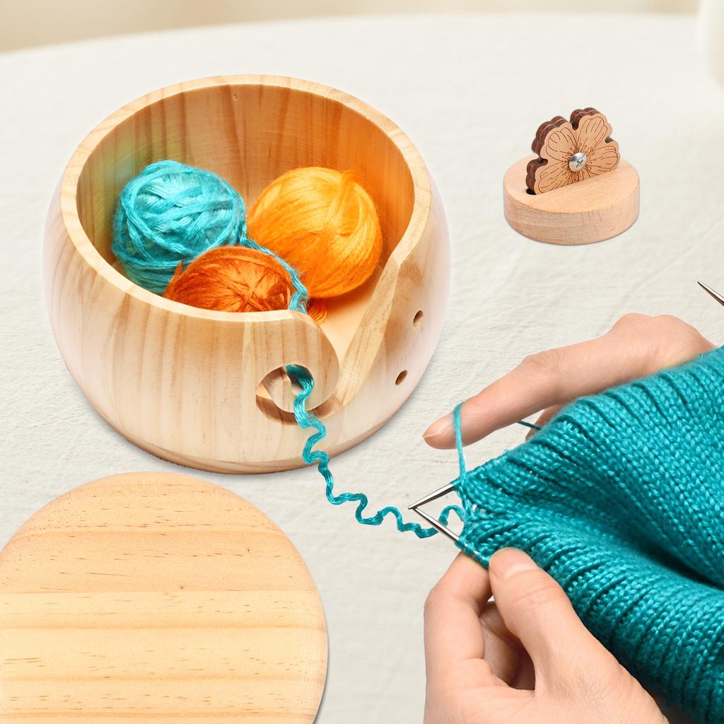 Деревянная подставка для клубка пряжи, чаша для пряжи для вязания крючком с крышкой, эффективное хранение пряжи и нитеобрезатель, набор чаш для пряжи для рукоделия