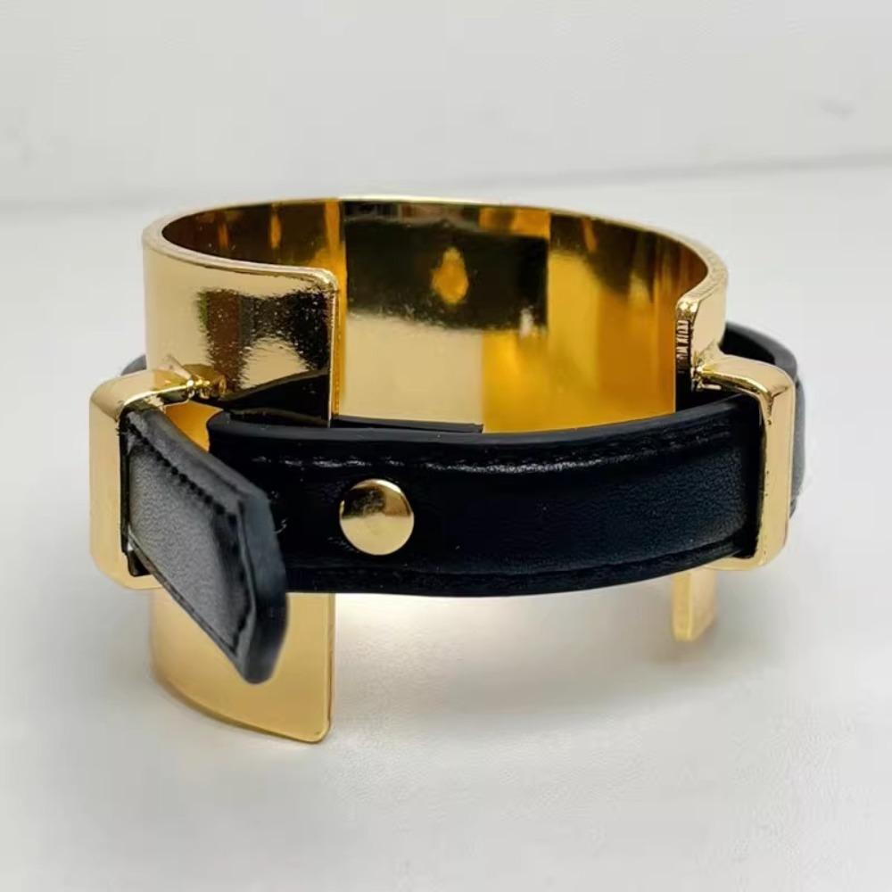 Golden Exaggerated Metal Bangle Armlet Women Open Bangle Belt Buckle Leather Bracelet  Party