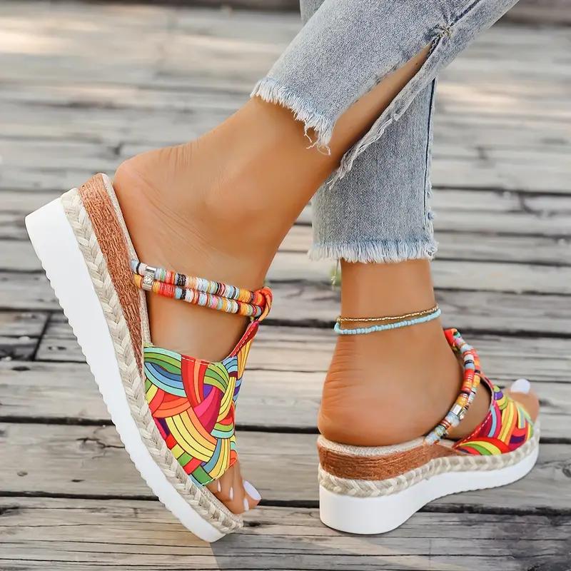 Женские сандалии с принтом черепа, цветные плетеные шлепанцы на платформе для отдыха на море, пляжные шлепанцы на танкетке для Хэллоуина