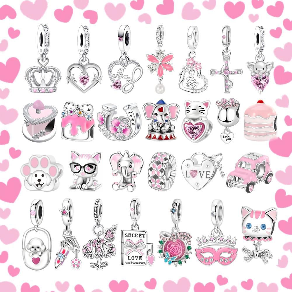 925 Silver Octopus Beads Snake Bracelet with Heart Dangle Charm Pink Pendant Gift for Her