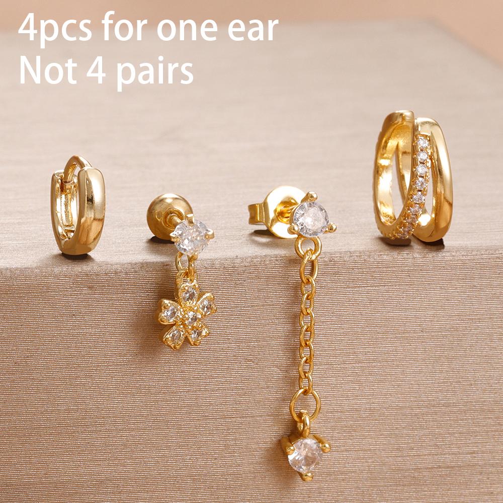 4PCS Fashion Star Moon Stainless Steel Zircon Stud Earrings Set For Women 114K Gold Plated Earring Classic Huggie Daily Jewelry