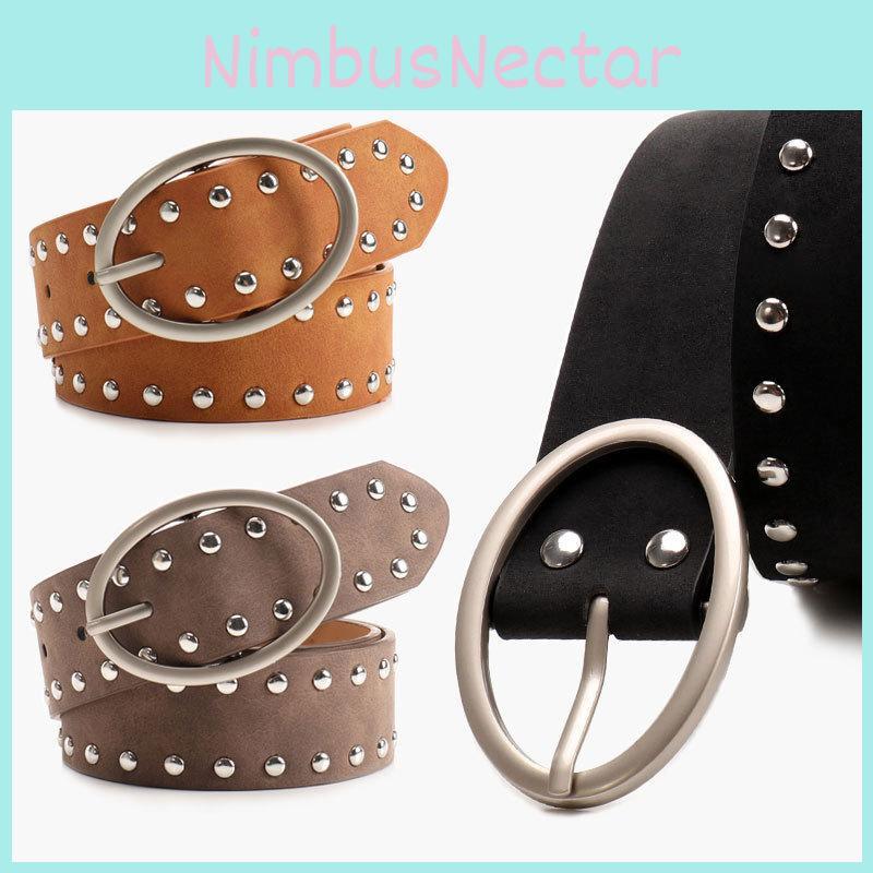 Streetwear Women Leather Rivets Belt With Alloy Metal Buckle For Use Daily