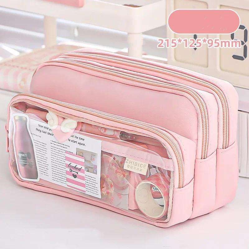 Chic Solid Color Pencil Case Korean Simplicity Transparent Pen Pouch Large Capacity Stationery Organizer Bag School Supplies