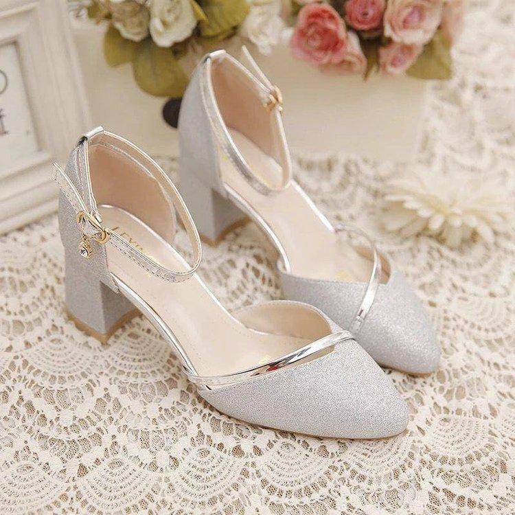 Spring and Autumn New Sequined Wedding Shoes Women's Fashion Thick Heel Single Shoes One-word Buckle Bridesmaid High Heels Middle Heel Single Shoes